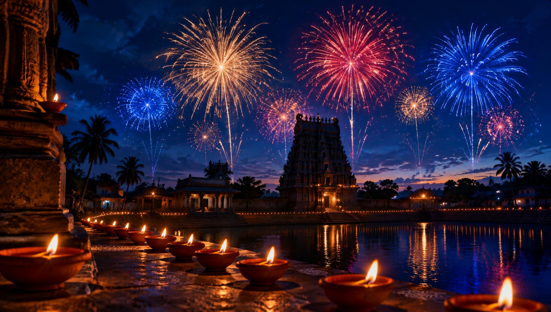 Fireworks over a Tamil temple with diya lamps for Deepavali